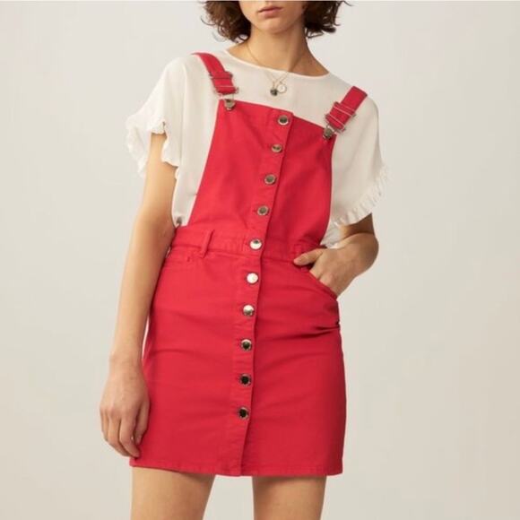 Maje Rira Denim Mini Dress Red Bib Overalls Skirt red orange - Picture 3 of 9